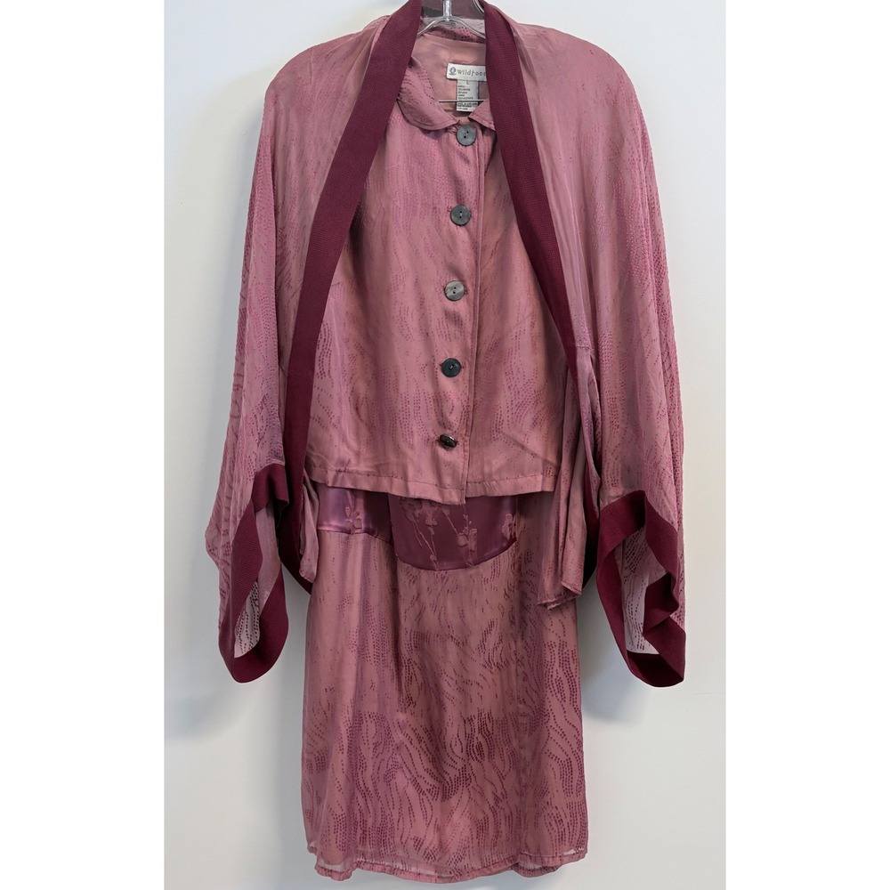 Wildroot 3pc Silk Blend Set Top Skirt Kimono Wrap Dusty Rose Pink Womens L/M